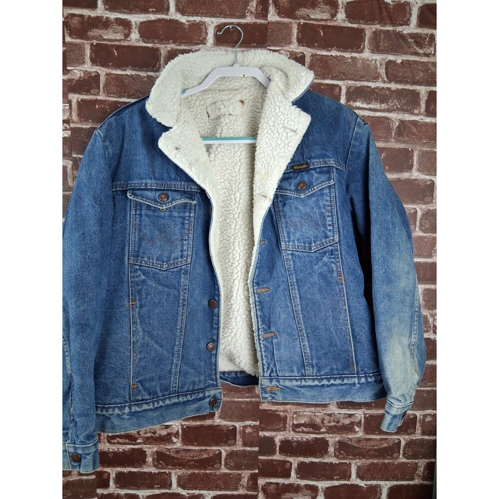 Vintage Mens Wrangler Denim Jacket Medium Trucker Cowboy Sherpa Lined Distressed